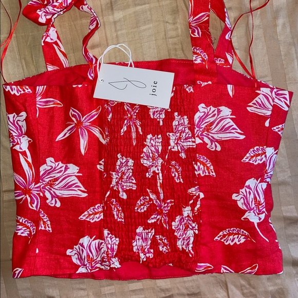 NWT Joie Red White Flower Linen Ruched Back Tye Straps Size 4 - Picture 3 of 4
